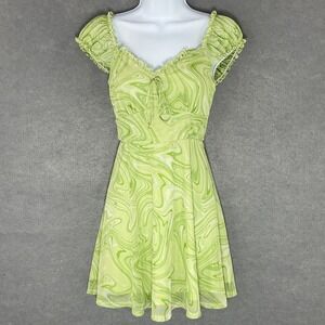 Inspired Hearts Mini Dress S Green Babydoll Swirl Print Fairy Sweetheart‎ Neck